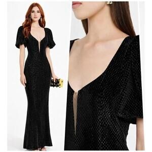 $750 One33 Social Eliza Crushed Velvet Puff-Sleeve Gown sz 4 Black Gala Modest